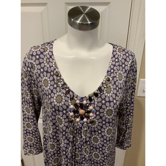 Boden Purple Floral V-Neck Dress W/ Jewels & Beads Size 8R (US) 12R (UK) - Picture 2 of 6